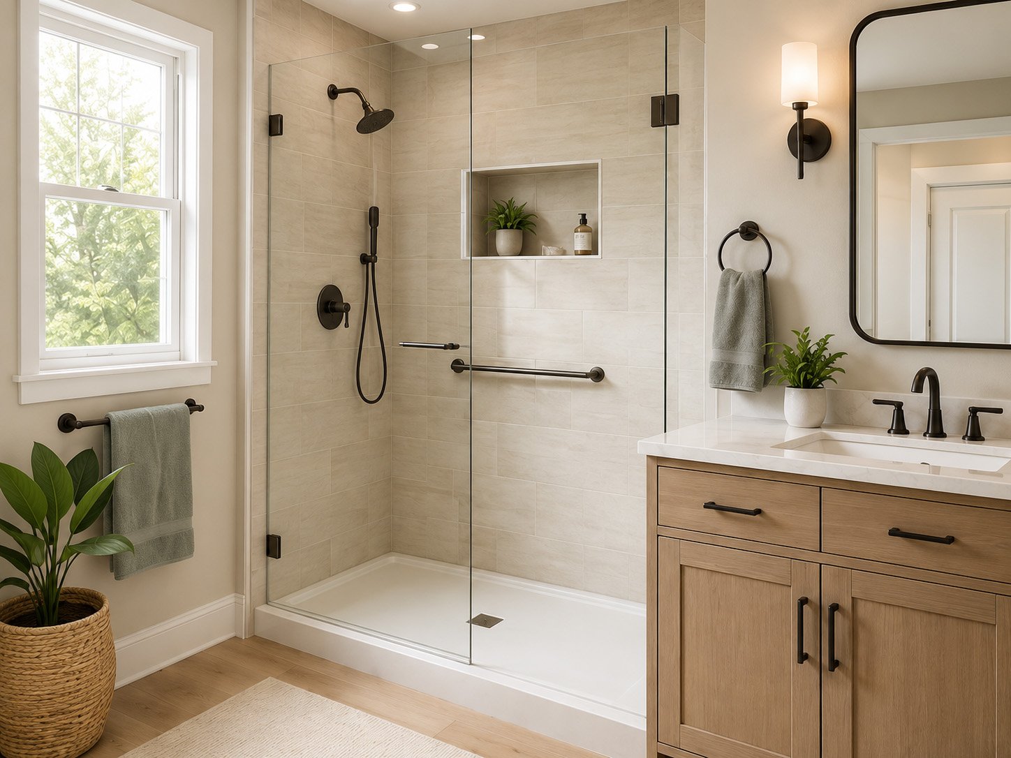 Modern walk-in shower with low-entry base, glass doors and grab bars
